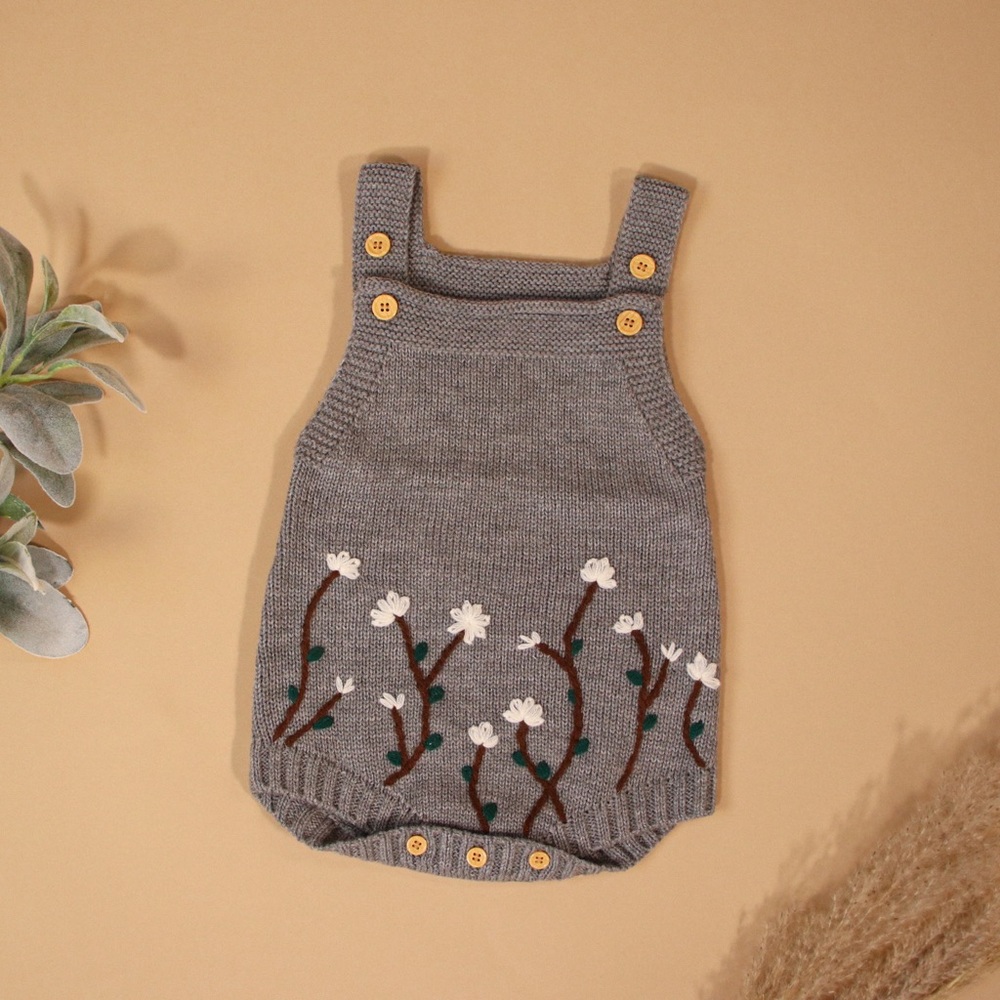 Floral Embroidered Knit Romper Gray Baby Girl